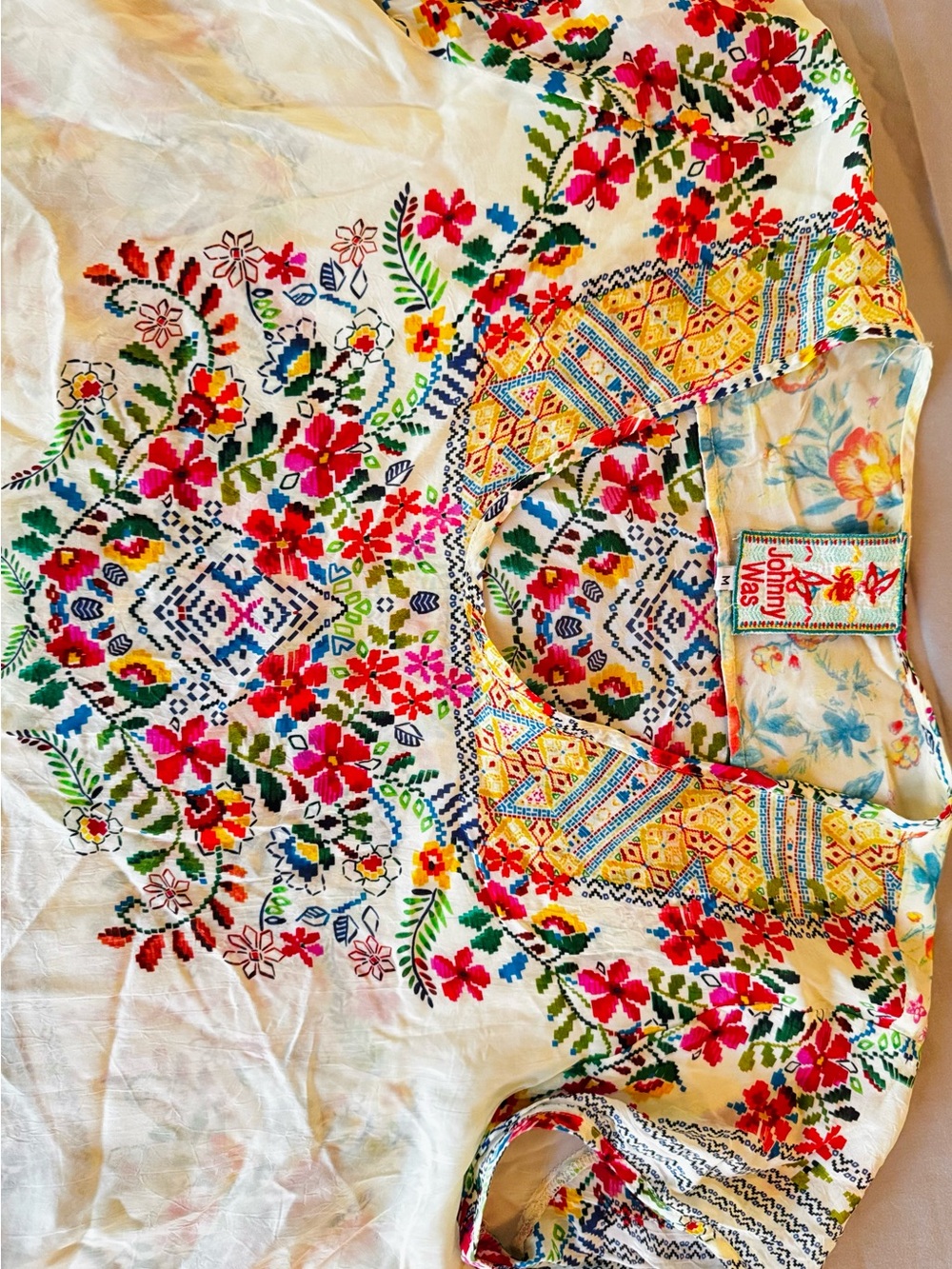 JOHNNY WAS Semi-Sheer Cream Colorful Floral Handkerchief Hem Tunic Top - Picture 8 of 16